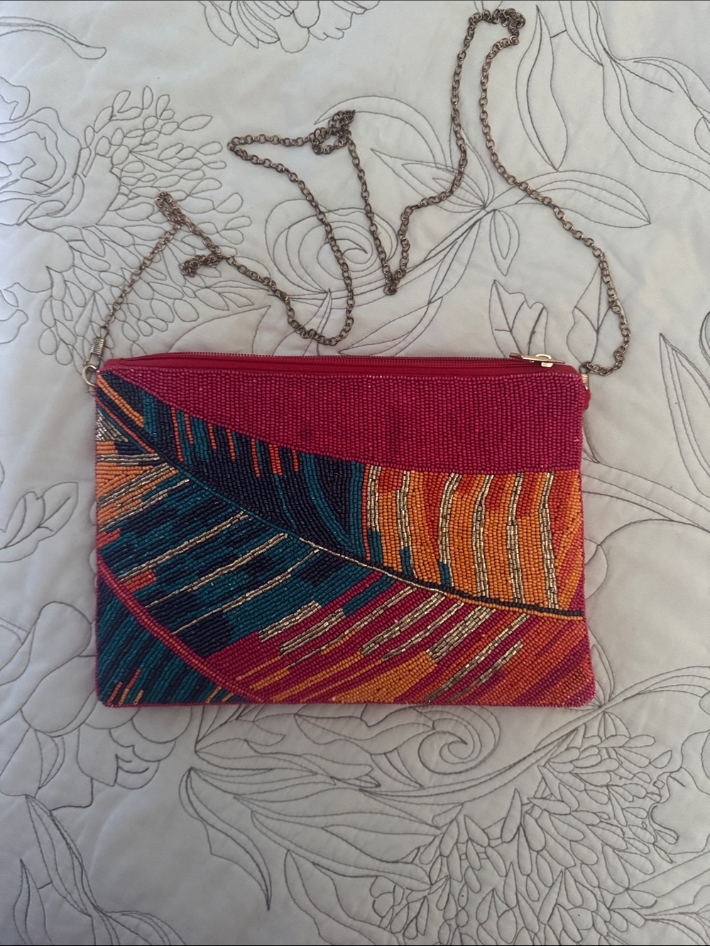 Beaded Multicolor Crossbody Clutch - Pink & Teal